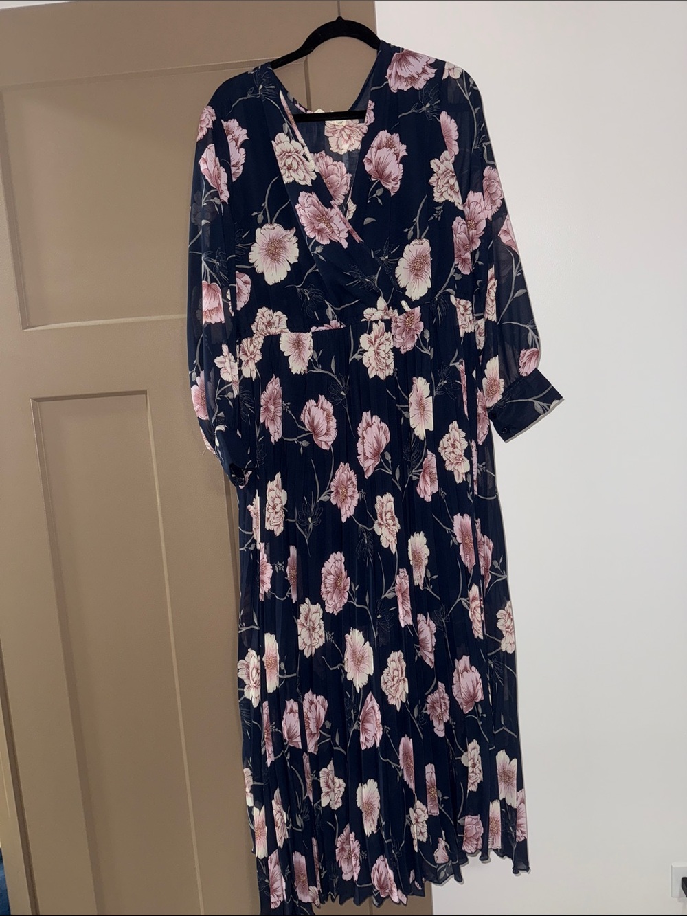 Navy Floral Midi Dress with Pink Blooms